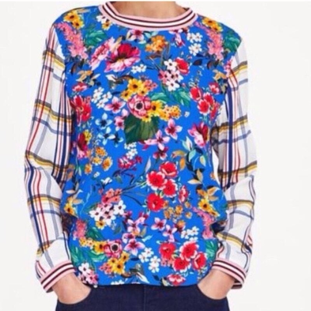 Zara Rainbow Large Long Sleeve Floral‎ Plaid Stripe Long Sleeve Ringer Top Boho